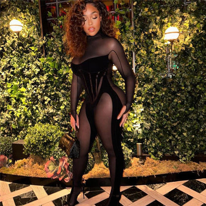 Women's Fashion Mesh See-through Stitching Tight Jumpsuit