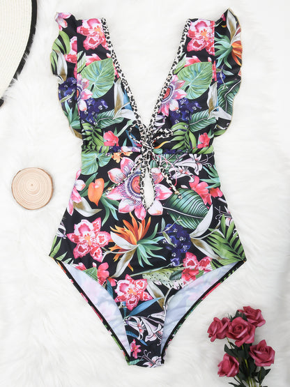 Fashion Ruffled Deep V One-piece Swimsuit