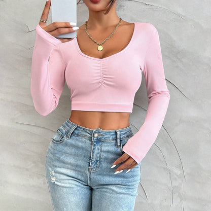 Sweet And Spicy Pure Desire Style T-shirt Autumn And Winter U-neck Slim-fit Long-sleeved Top