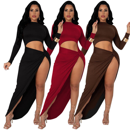 Solid Color Sexy Dress With Irregular Split Ends
