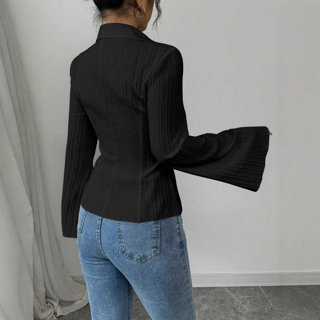 Elegant V-neck Single-breasted Solid-color Striped Blouse
