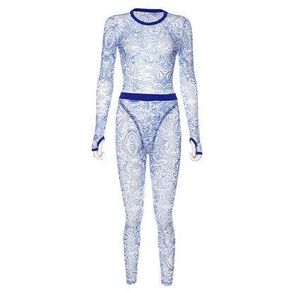 Sexy mesh perspective printed jumpsuit suit