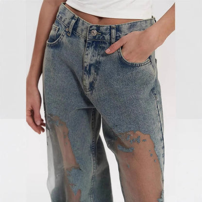 Retro Straight-leg Pants Hollow Texture Niche Design Jeans Y2g Wide Leg