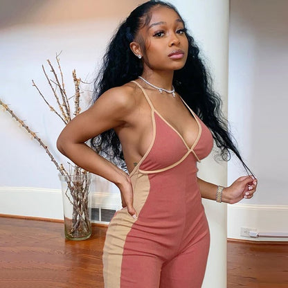 Sexy Zipper Three-Color Stitching Suspenders Casual Long Jumpsuit