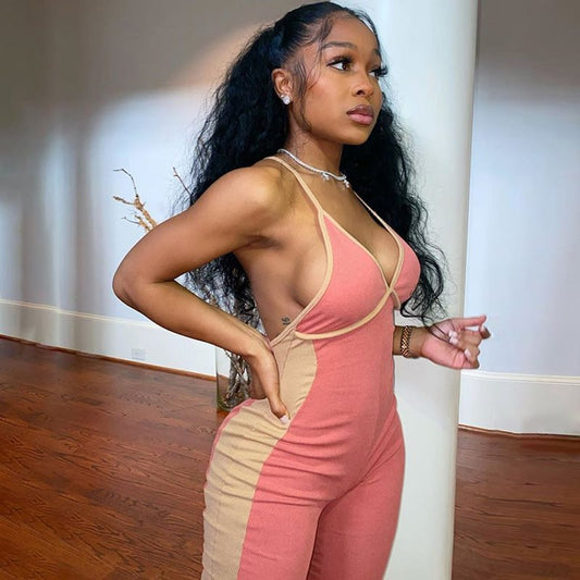 Sexy Zipper Three-Color Stitching Suspenders Casual Long Jumpsuit