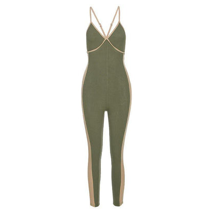 Sexy Zipper Three-Color Stitching Suspenders Casual Long Jumpsuit