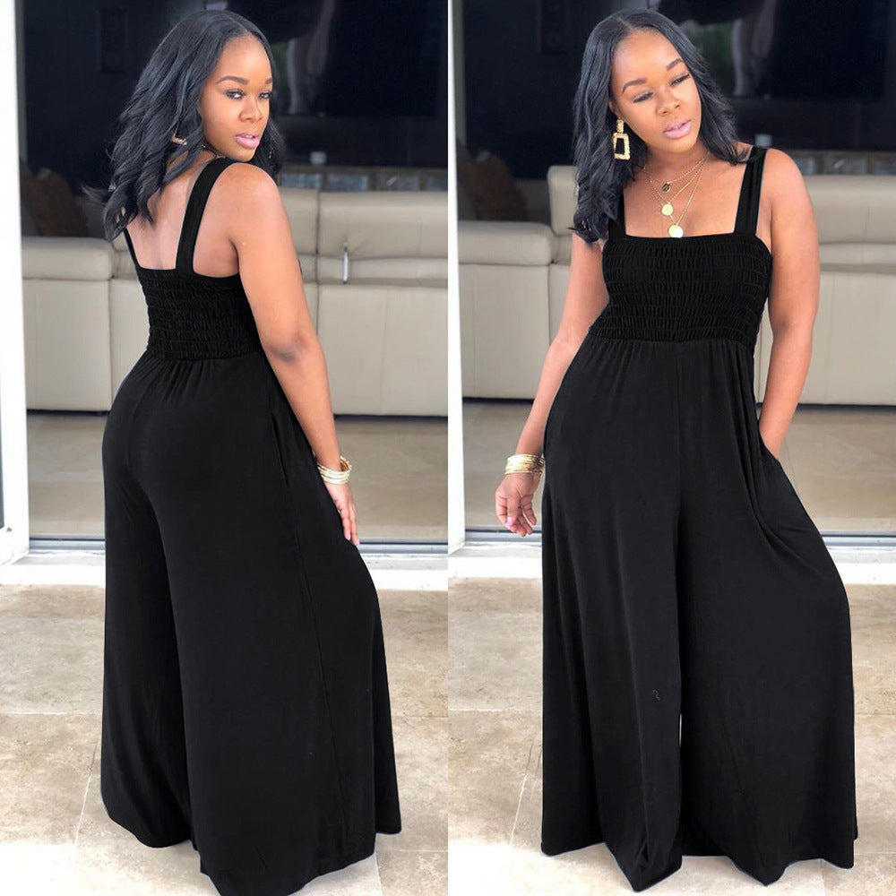 Solid Color Square Collar Loose Sleeveless Wide-leg Jumpsuit