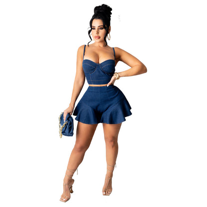 Medium Denim Straps Crop Top And High Waist