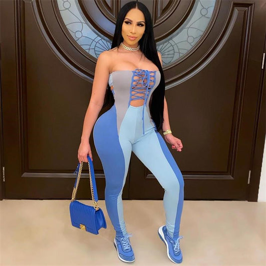 Sexy Contrast Lace-up Halter Slim-fit Jumpsuit