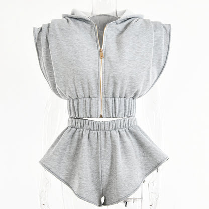 Loose Bat Sleeve Shoulder Pad Hoodie Sports Shorts Set