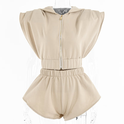 Loose Bat Sleeve Shoulder Pad Hoodie Sports Shorts Set