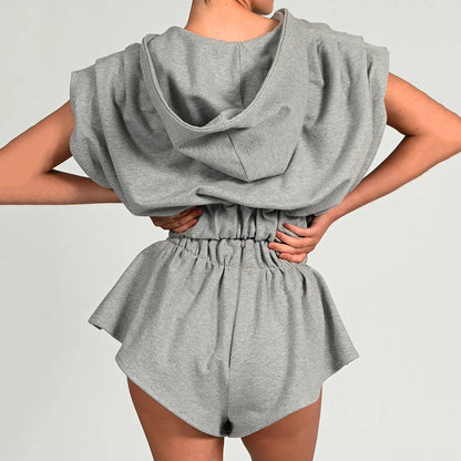 Loose Bat Sleeve Shoulder Pad Hoodie Sports Shorts Set