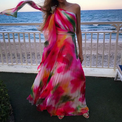 Printed Pleat And Waisted Dress