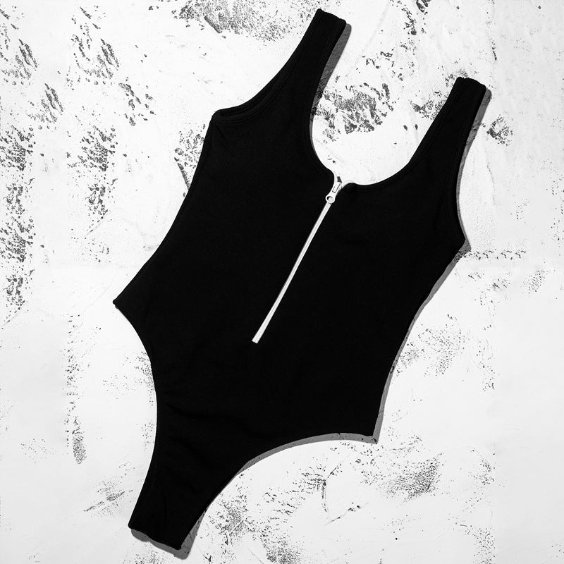 Solid color zipper stitching sexy swimsuit