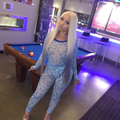 Sexy mesh perspective printed jumpsuit suit