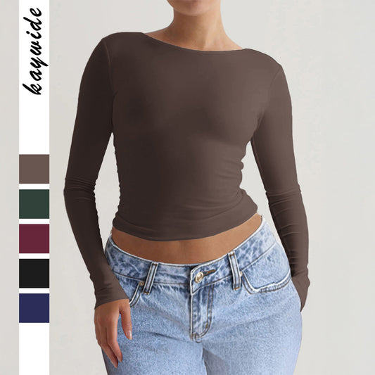 Chic Slim-fit Long-sleeve Solid-color Base T-shirt