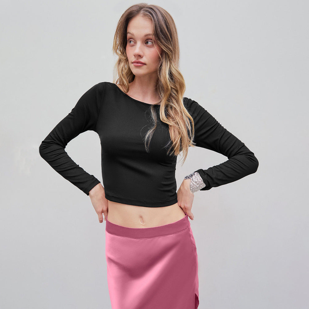 Sexy Style T-shirt Autumn And Winter Backless Design Short Slim-fitting Base Top For Women