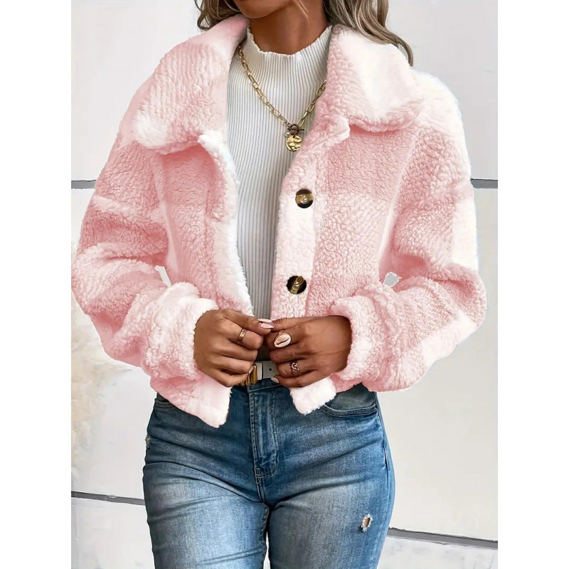 Plaid Pattern Plush Button Cardigan Casual Warm Coat