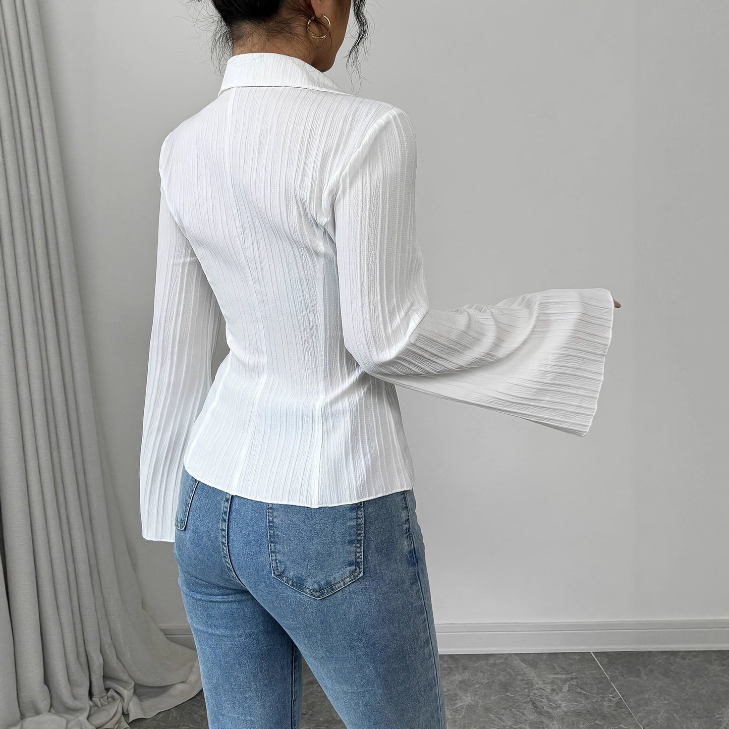 Elegant V-neck Single-breasted Solid-color Striped Blouse