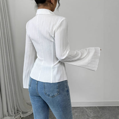 Elegant V-neck Single-breasted Solid-color Striped Blouse