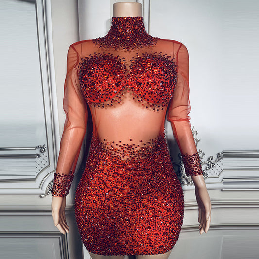 Perspective Gauze Collar Zipper Style Slim Short Dress