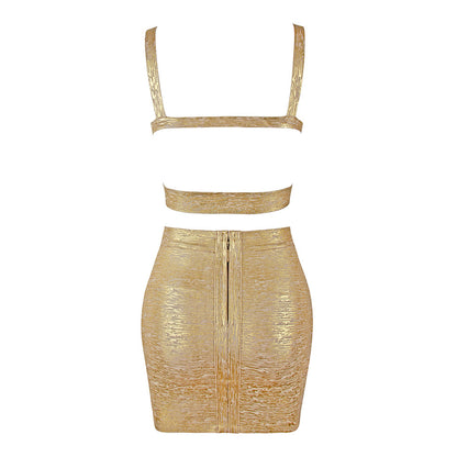 Slanted shoulder bronzing short skirt