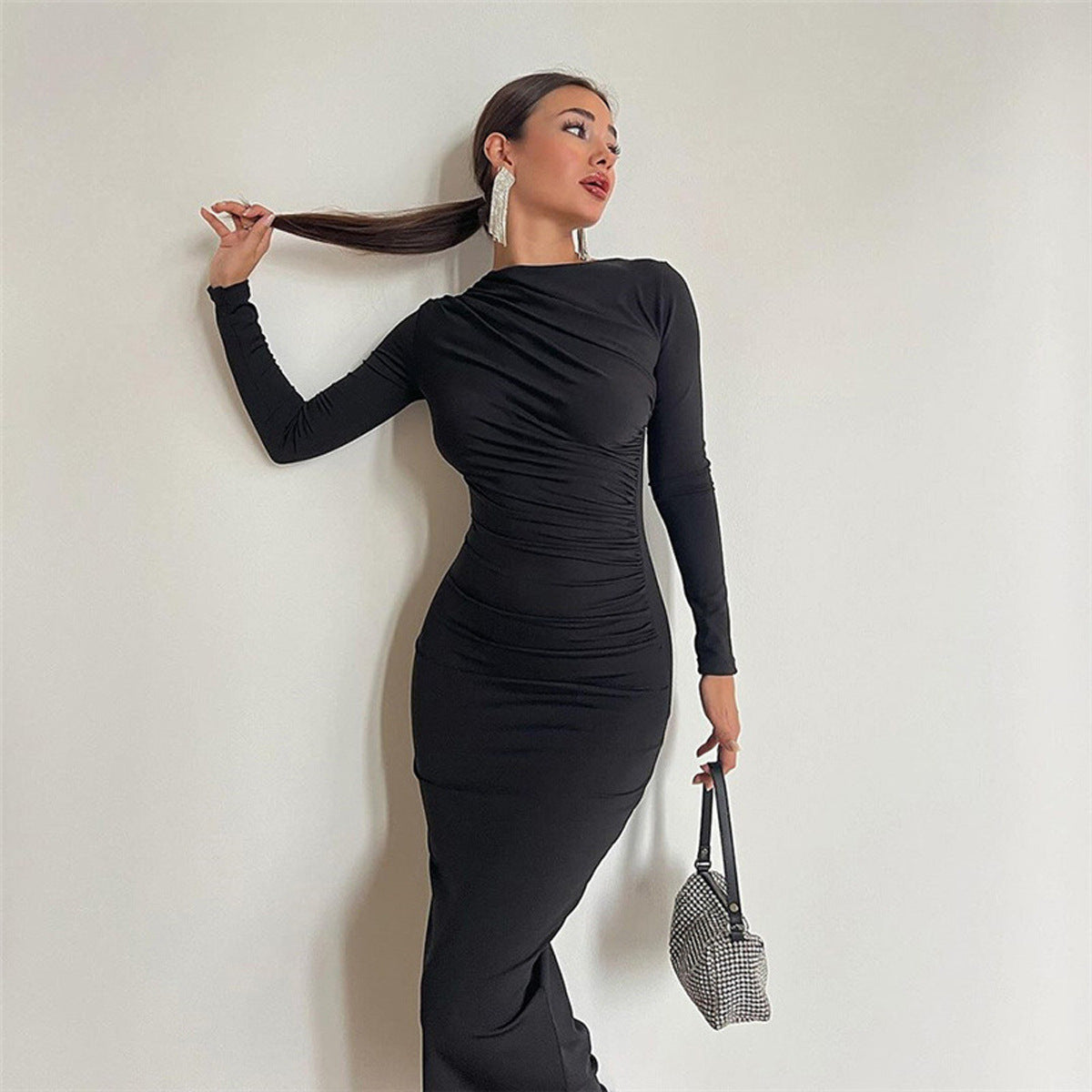 Slim-fit High-grade Pure Color Temperament Long Sheath Dress
