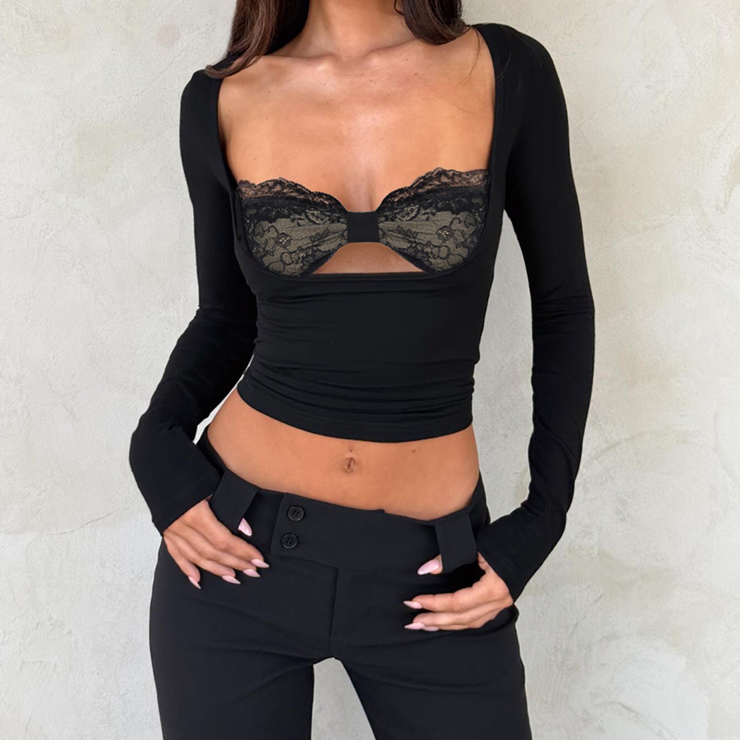 Lace-Panel Fake Two-Piece Hollow-out Long-Sleeve Top