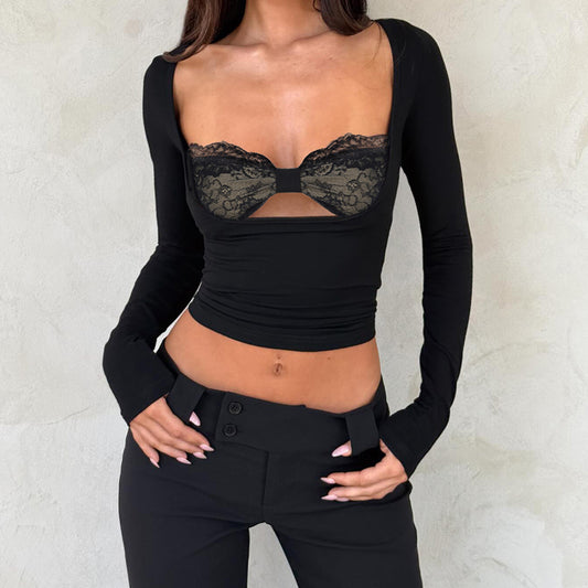 Lace-Panel Fake Two-Piece Hollow-out Long-Sleeve Top