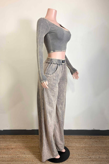 MINERAL WASH LONG SLEEVE & WIDE LEG PANT SET