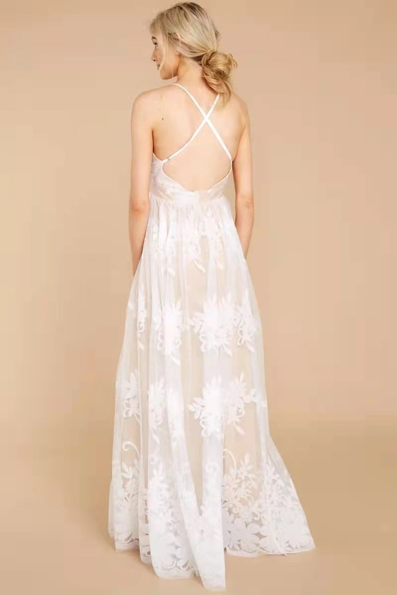 Sling Deep V Mesh Embroidered Dress