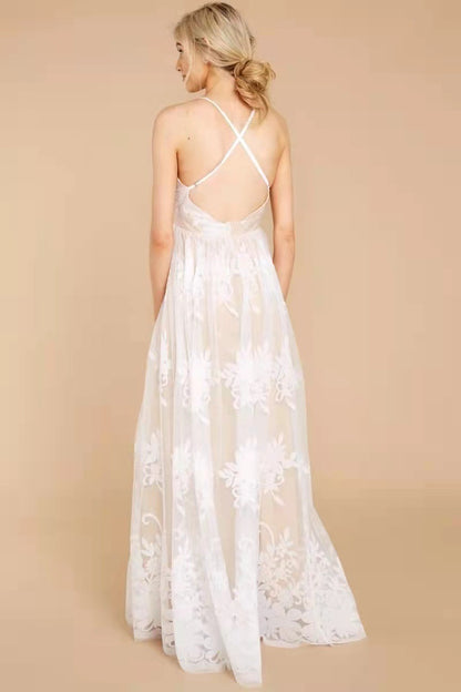Sling Deep V Mesh Embroidered Dress
