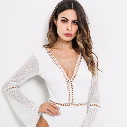 Sexy lace mesh stitching cutout bodysuit