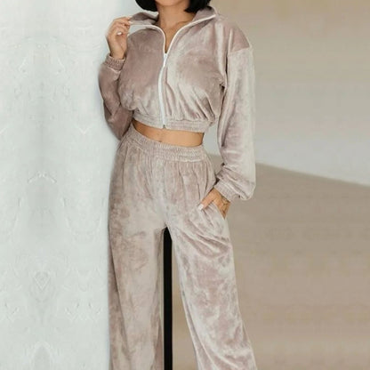 Fashion Women's Long-sleeve Lapel Zip-up Cardigan Hoodie Fleece Sweater Trousers