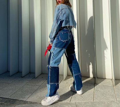High-rise colorblock slim-fit straight-leg jeans