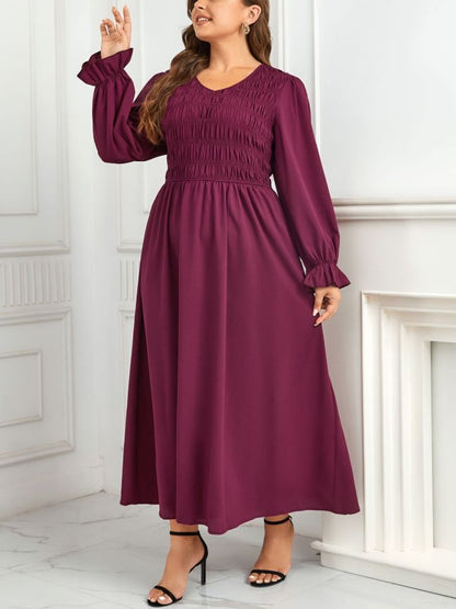 Round Neck Puff Sleeve A- Line Style Pleated Waist Tight Slimming Dress