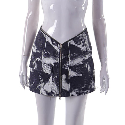 Printed Zipper Hem Hip Wrap Miniskirt