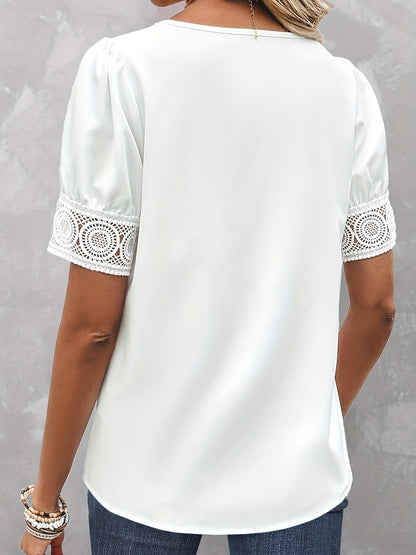 Solid Color Lace V-neck Patchwork Short Sleeve Shirt