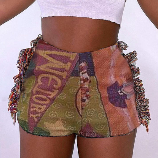 Printed Tassel Bag Hip Ethnic Style Tweed Casual Shorts