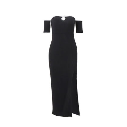 Summer New Fashion Off-neck Tube Top Hollow High Waist Split Short Sleeve Long Dress