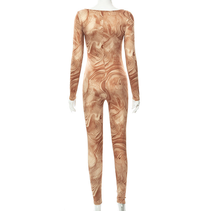 Pattern Print Long-sleeved Skinny  Jumpsuit