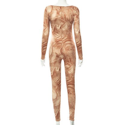 Pattern Print Long-sleeved Skinny  Jumpsuit