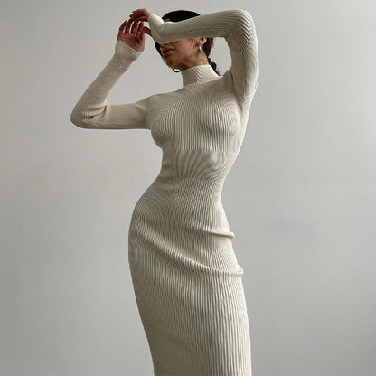 Long Pit-striped Knitted Skirt With High Collar