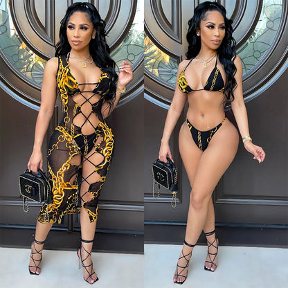 Sexy Mesh Floral Print Hollow Dress