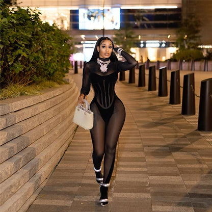 Women's Fashion Mesh See-through Stitching Tight Jumpsuit