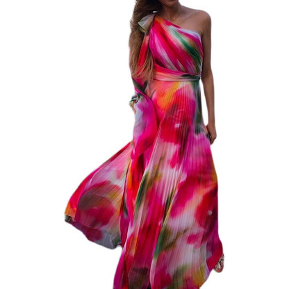 Printed Pleat And Waisted Dress