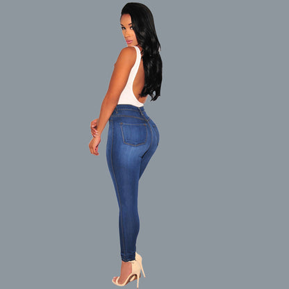 Slim solid color hips stretch thin fashion knee hole jeans