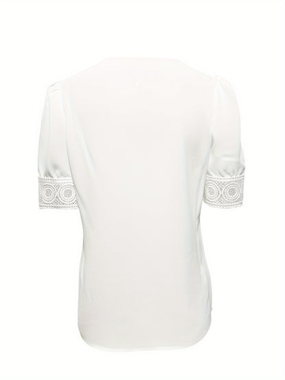 Solid Color Lace V-neck Patchwork Short Sleeve Shirt