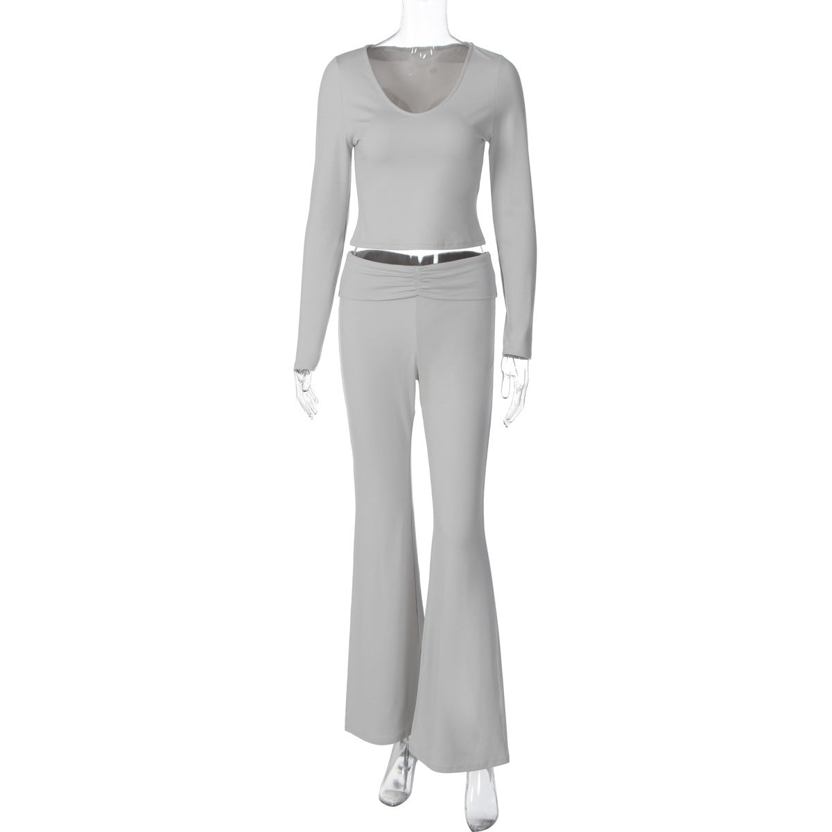 Fashion Midriff-baring Long Sleeve Top Waist-tight Solid Color Wide-leg Pants Suit