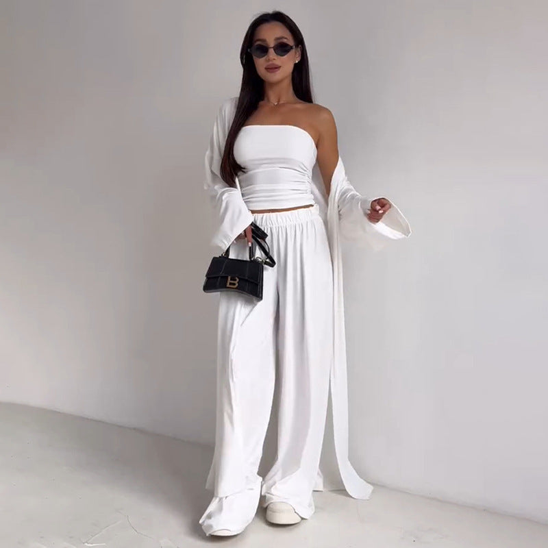 Casual Loose Cardigan Straight-leg Pants Tube Top Suit